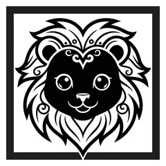 Obraz premium A stylized black and white graphic illustration of a cute lion's face with a decorative mane and a square border.