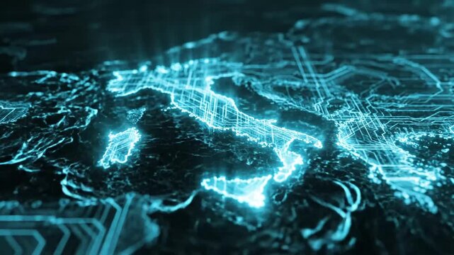 Digital glowing map of Italy showing network connectivity.