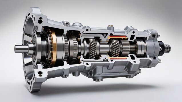 Cutaway cross-section view of automotive transmission gearbox mechanism showing internal gears and components