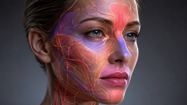 Detailed human female face anatomy showing vascular system nerves and muscle layers in realistic 3D render