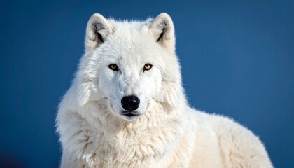 Obraz premium Portrait of a majestic arctic wolf with piercing golden eyes looking directly into the camera lens against a soft blue winter background.