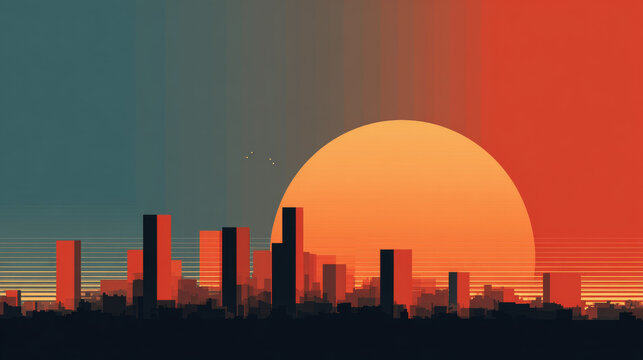 Minimalist city skyline made of rectangles and circles, sunset colors flat design vector art, abstract modern urban landscape background, geometric architecture banner template.