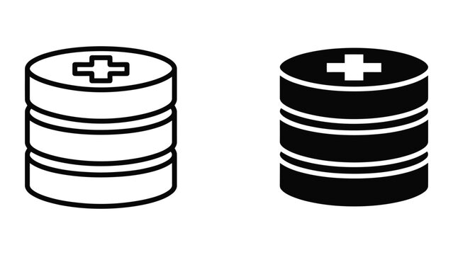 Minimalist medical database server icon set with cross symbol for healthcare information systems and hospital digital records storage in solid black and outline vector graphic design style