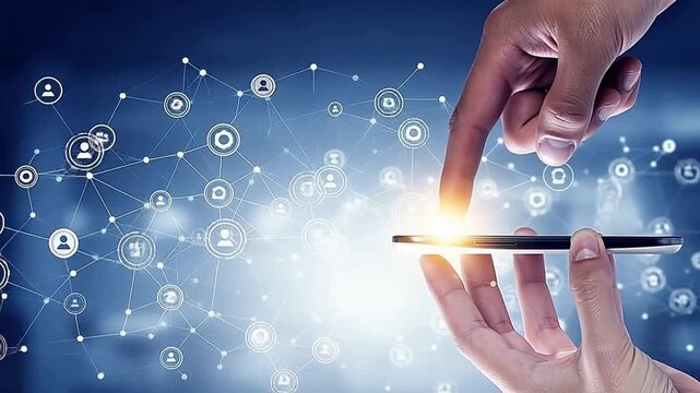 Hand using smartphone with network icons