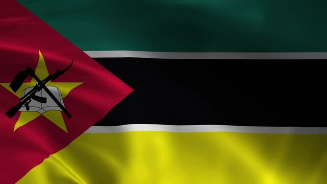 Mozambique National Flag Waving in Wind Realistic Fabric Texture Background Animation