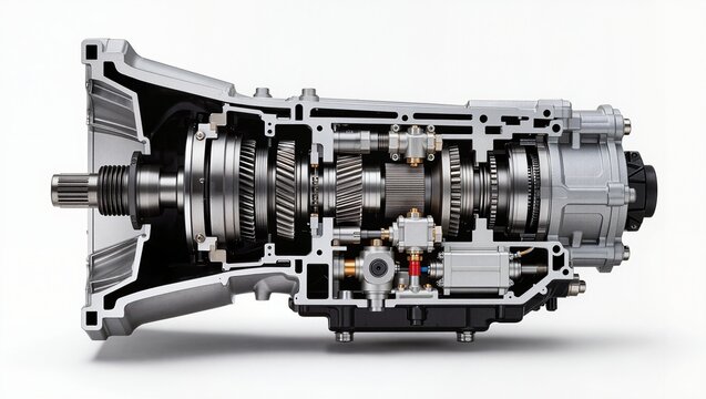 Cutaway automotive transmission showing internal gears and mechanical components in cross-section