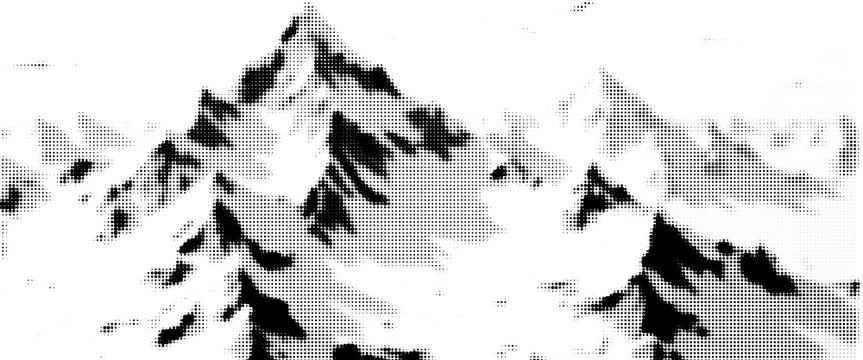 Abstract stippled mountain range in overlay pointillism grunge texture style. Vintage photocopy of snowy hill chain, mount landscape with grainy noise. Retro halftone vector illustration