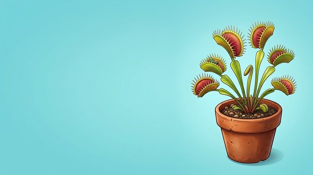 Venus flytrap plant in a terracotta pot against a blue background