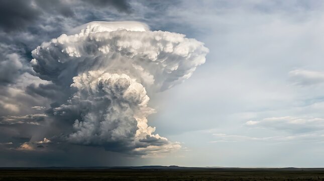 Massive supercell thunderstorm cloud rising over flat horizon