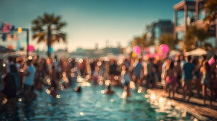 Obraz premium Many people enjoy a vibrant summer pool party with glowing pink lights and soft bokeh effects during a sunny day