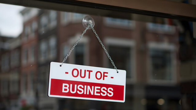 A rectangular out of business sign hanging on a glass storefront window