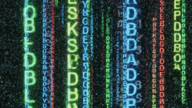 Digital matrix data stream with colorful vertical letters
