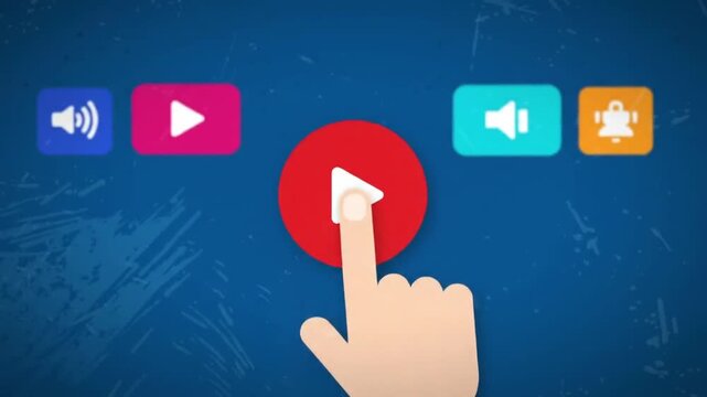 Digital media interface icons with hand cursor selecting button.