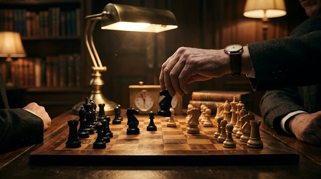 Two men playing chess in a library with a desk lamp illuminating the board.
