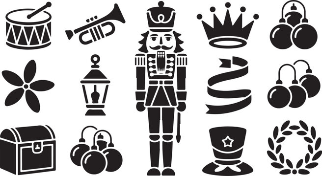 Christmas icons, nutcracker, ornaments, black vector set