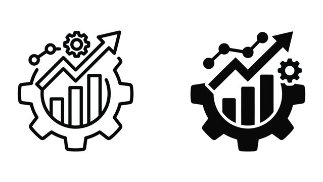 Business growth analysis gear icon set representing performance metrics and strategic development goals with bar charts and data nodes for corporate planning and financial success tracking