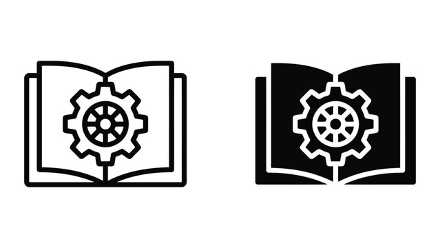 Open book with central mechanical gear icon set for technical education and engineering knowledge development concepts in clean minimalist vector graphic style for professional design