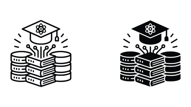 Science education and digital knowledge database icon set featuring graduation cap over stacked books and server storage units in professional vector style for academic research systems