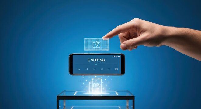Hand touches e-voting interface; smartphone over digital ballot box