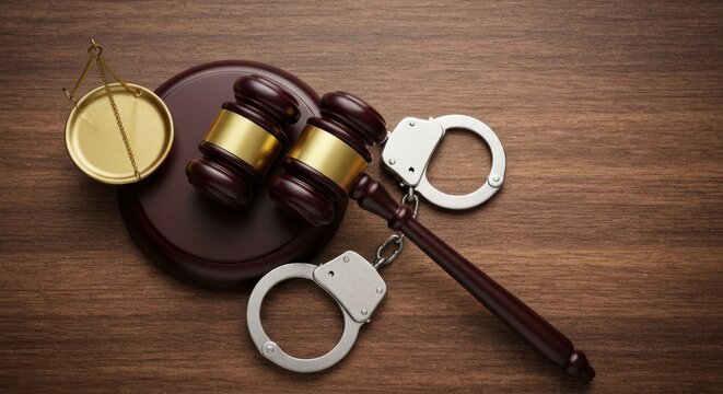 Legal tools on wood gavel, scales, handcuffs, for justice or law