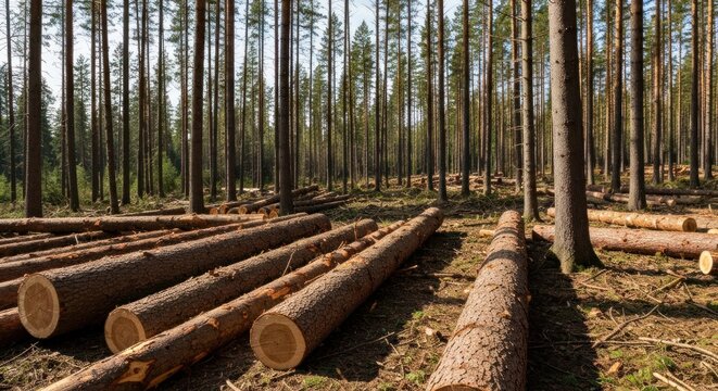 Forest scene with felled logs and standing trees under bright sunlight