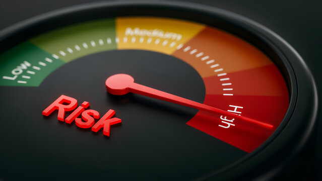 A conceptual gauge showing high risk level on a dark background