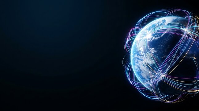 Global digital network connections around planet earth in space