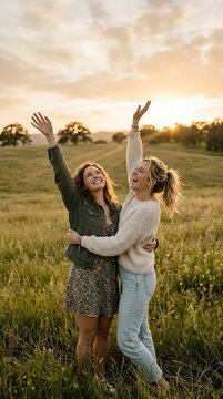 Two happy young women embracing in a field at sunset with arms raised.