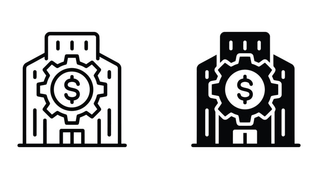 Corporate building icon set featuring dollar sign gear symbol for financial institution branding and industrial enterprise management in clean outline and solid black vector graphic styles