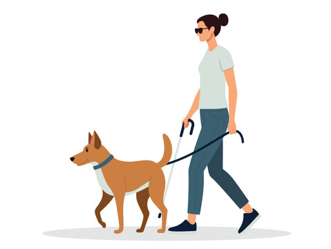 A blind woman with her hair tied up is walking and carrying her pet dog