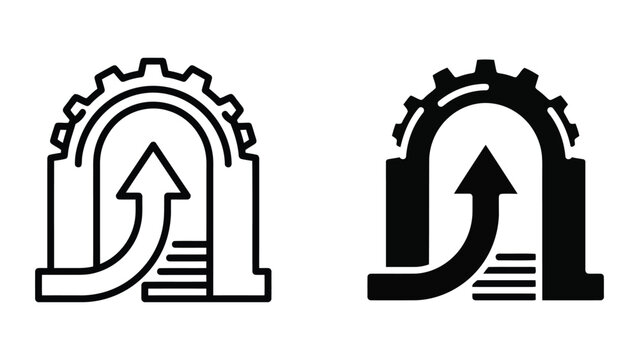 Business growth pipeline gear icon set representing systematic development and structural progress in professional line and solid glyph styles for corporate strategy and infrastructure
