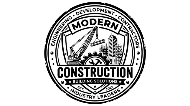 Modern Construction Building Solutions Circular Logo with Crane and City Skyline Vector