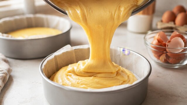 A baking process showing batter being poured into round cake pans, with eggs and additional ingredients nearby.
