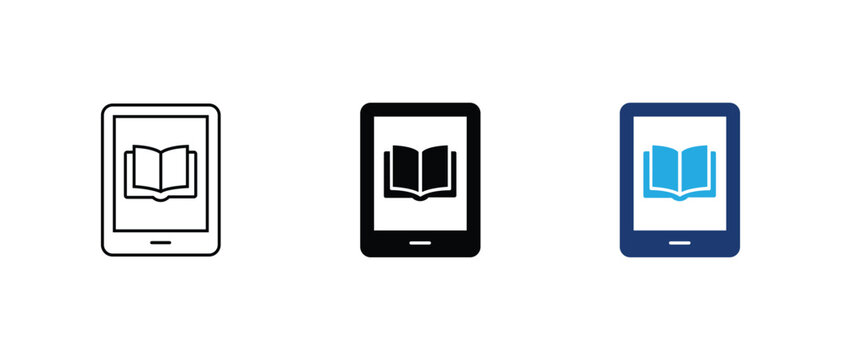 Ebook reader icon, digital library tablet mobile online book set. vector illustration
