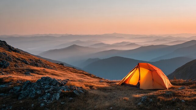 Bright orange camping tent sitting on a high grassy mountain ridge during a beautiful soft golden hour sunset landscape scene