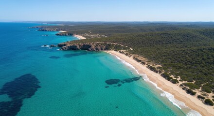 Naklejka premium Aerial view of a coastline featuring a turquoise sea and sandy beach