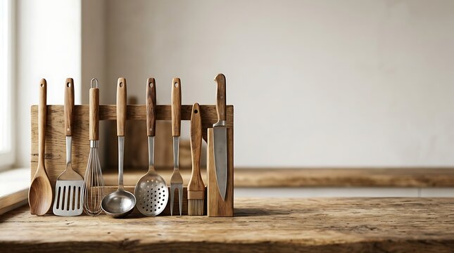 Kitchen utensils with wooden handles on rustic tabletop