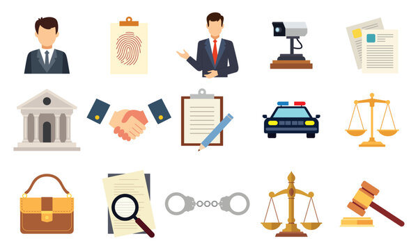 Law and justice elements graphic vector illustration set