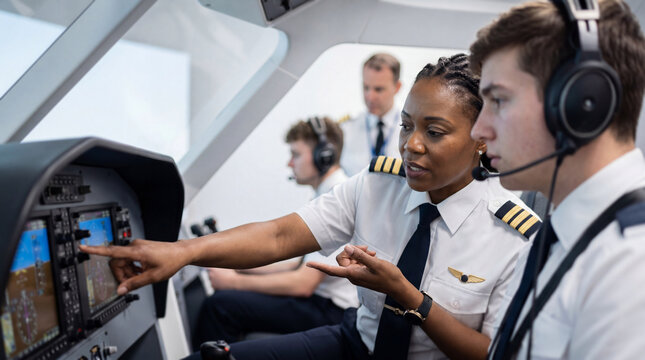 Female flight instructor in pilot uniform teaches male student in cockpit simulator, with multiple screens and controls visible in a modern aviation training environment