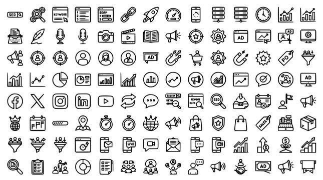 Digital marketing social media and business analytics mega thin line icon set including charts data funnels ads and financial tracking vector