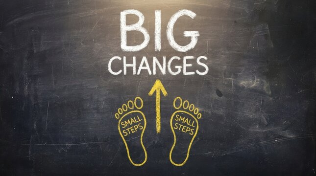 Chalkboard art depicting big changes concept with small steps footprints and upward arrow for personal development.