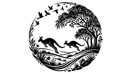 Circular Australian outback wildlife landscape frame with jumping kangaroos under eucalyptus tree and flying birds black silhouette vector illustration © Mohammad