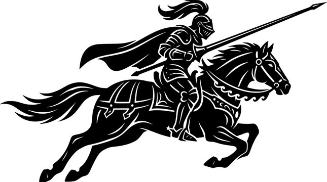 Medieval knight in full armor riding a galloping stallion horse holding a spear lance black silhouette vector isolated illustration