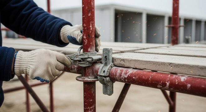 Construction Worker Securing Scaffolding With Gloved Hands