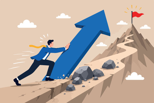 Keep pushing yourself, continue self development or self improve to overcome difficulty and success business and career concept, confidence businessman pushing big hisself forward with full effort