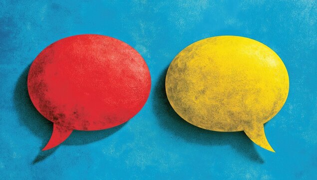 Two contrasting speech bubbles, red and yellow, on a textured blue background