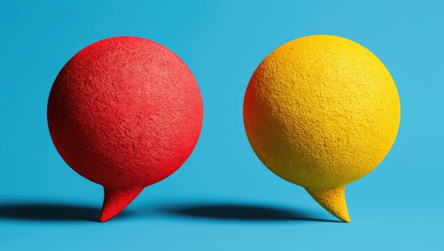 Two textured, spherical speech bubbles, one red, one yellow, against blue
