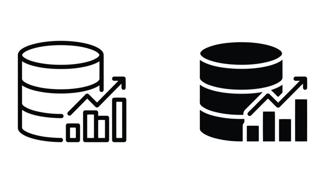 Database server with rising growth chart icon set representing big data analytics and cloud infrastructure performance in clean vector graphic style for technical and business monitoring dashboards