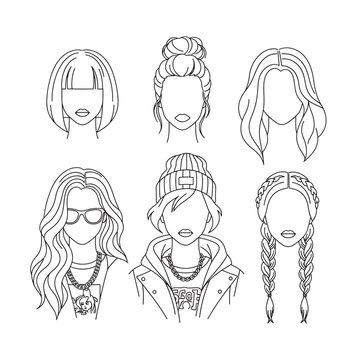 Line art illustrations of six diverse women's hairstyles and fashion accessories, featuring various hair lengths, styles, and headwear.