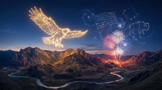 Patriotic 4th of July illustration with glowing wireframe eagle and fireworks over mountain landscape